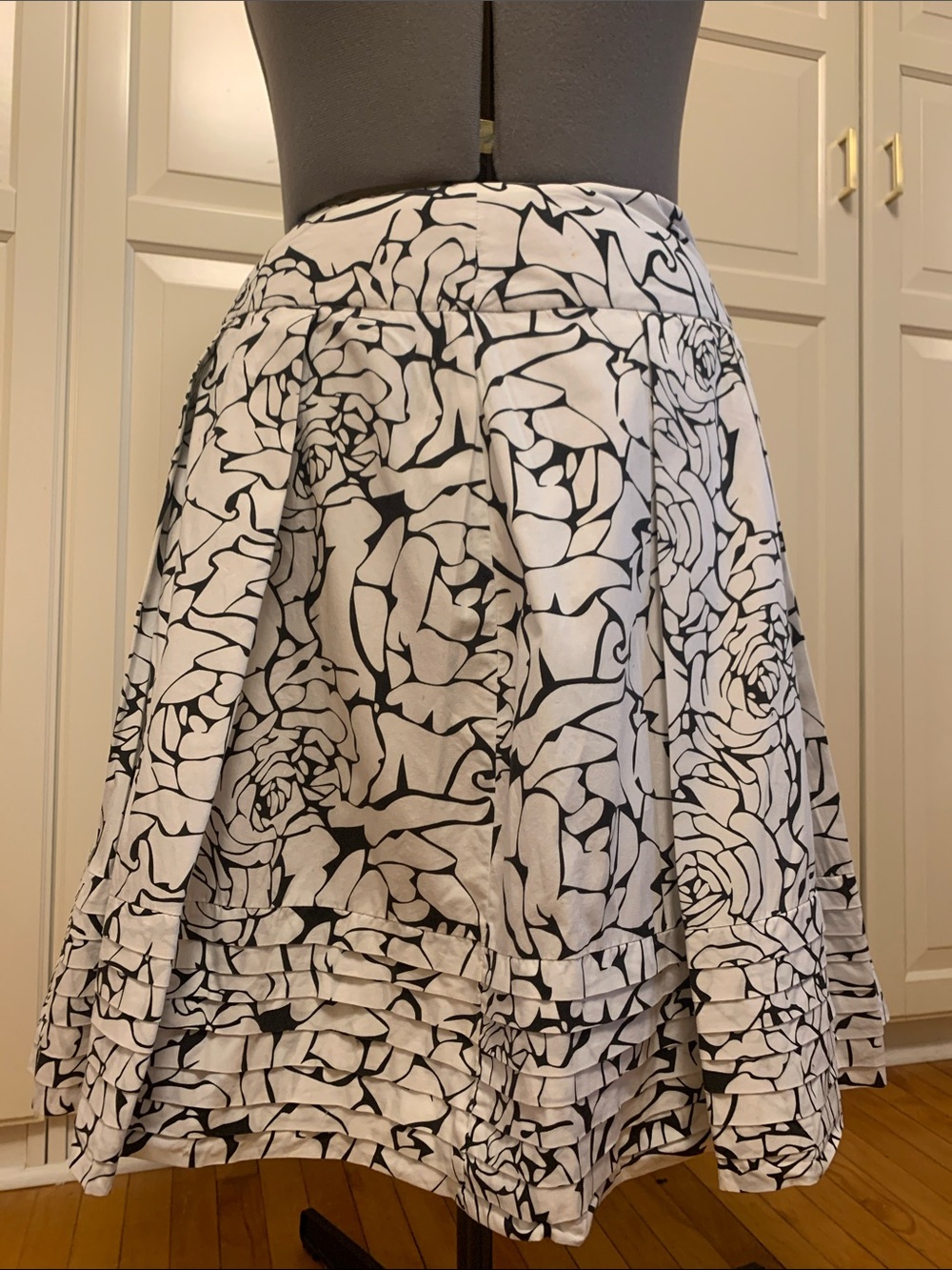 Black & White Floral A-Line Skirt with Ruffle Hem